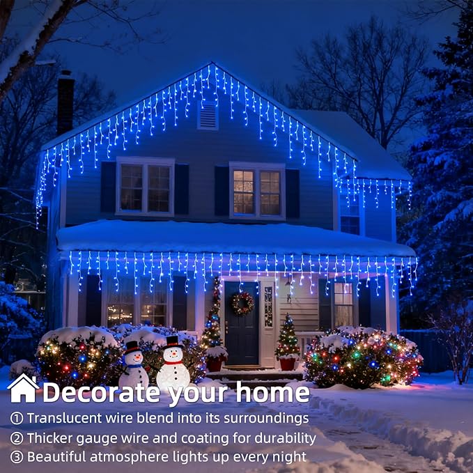 Christmas Outdoor Icicle Lights - 200 LED 21+16 FT 8 Modes Curtain Fairy String Light Plug in, Waterproof for Eaves Yard Holiday Xmas Holiday Indoor Outdoor Decoration - Blue