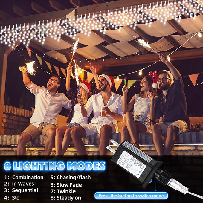 118 ft 1248 LED Christmas Outdoor Icicle Lights LED Fairy String Hanging Lights Waterproof with 8 Modes Timer for Christmas Decorations Wedding Holiday Party Roof Yard, White