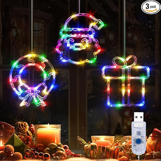 LOLStar Christmas Window Decorations, 3 Pack USB Multicolor Wreath, Gift Box, Santa Claus Xmas Indoor Window Lights, 8 Flashing Modes LED Lights for New Year, Home, Party, Room Decors