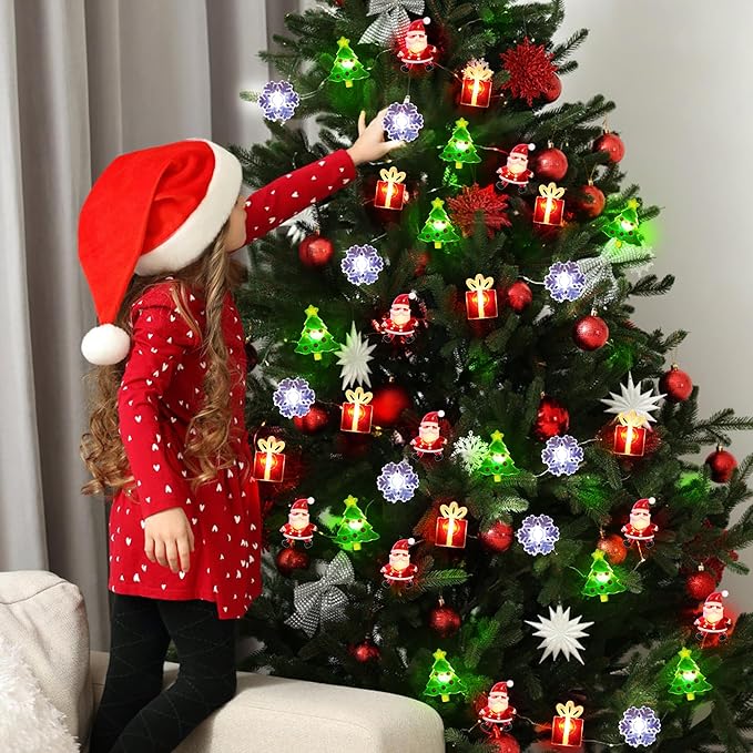 Battery Operated Christmas Lights 12FT 32 LED Snowflakes Christmas Tree Santa Clause Gift Box Xmas String Lights, Holiday Fairy Lights for Tree Decorations Table Home Indoor Holiday Decor