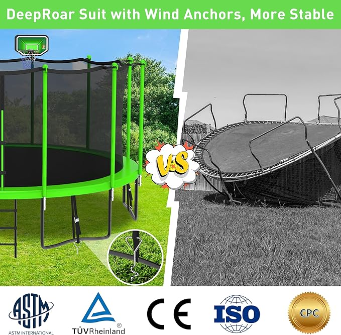 DeepRoar 2026 Upgraded 8FT 10FT 12FT 14FT 15FT 16FT Outdoor Tranpoline for Kids, Big tranpoline with Basketball Hoop, Lights, Sprinkler & Socks, Heavy Duty tranpoline 1500LB, ASTM Approved Tranpoing