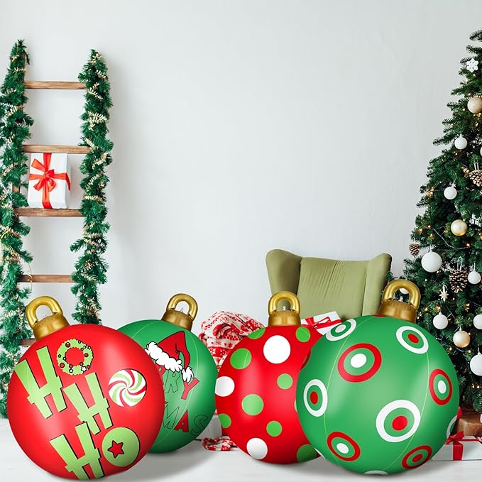 Jetec 4 Pcs Giant Inflatable Christmas Ball Large Xmas Inflatable Ornaments PVC Outdoor Holiday Blow Ball Outside Yard Lawn Porch Decorations (Polka Pattern,Vibrant Color)