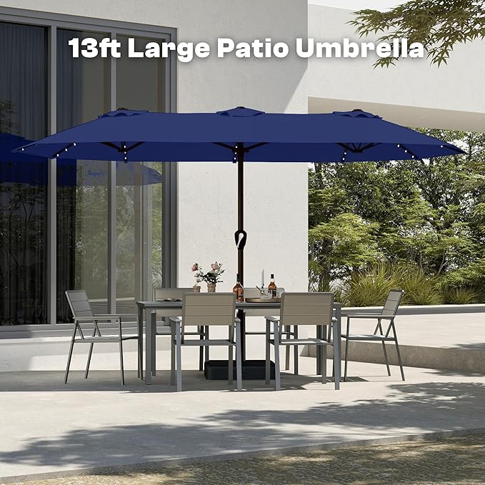 13FT Double-Sided Patio Umbrella with 48 Solar LED Lights, Large Rectangular Outdoor Market Umbrella with Crank Handle, Vented Canopy, Heavy-Duty 12 Rib Steel Frame, for Backyard, Garden, Pool, Navy