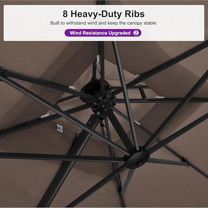PURPLE LEAF 10 FT Cantilever Umbrella Outdoor Patio Umbrella, Large Offset Square Umbrellas, Windproof Heavy Duty Hanging Outside Umbrellas for Patio, Ash Mocha