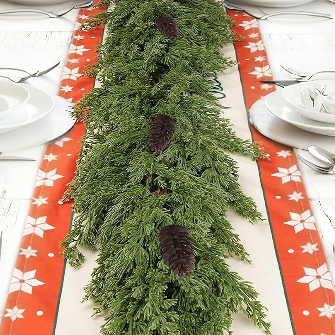 6FT Artificial Cedar Christmas Garland for Mantle Christmas Decorations Real Touch Realistic Greenery Faux Pine Garlands for Xmas Home Decoration Fake Winter Indoor Outdoor Garland Door Decor