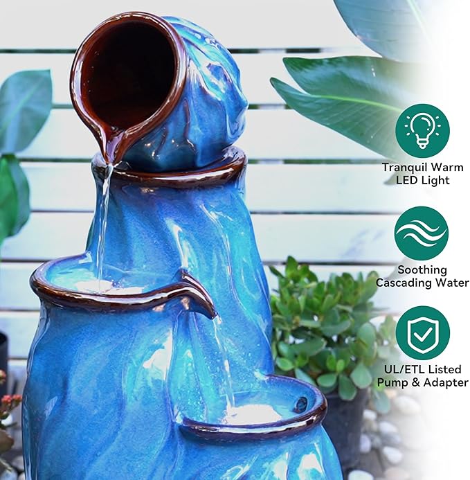 Autodaya 29" Ceramic Outdoor Fountain with Lights, 4-Tier Pots Waterfalls Patio Water Fountain, Tranquil Oasis for Relaxing Garden, Yard, or Porch Decor, Turquoise, Dynamic Wave-Texture