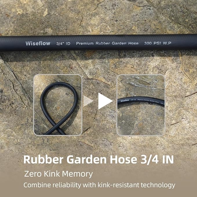 WiseFlow Garden Hose 150FT x 3/4, Heavy Duty Rubber Hose, Water Hose with Five Layered Braiding, Male Female Fittings, 1000PSI Burst, 300PSI Working (Black)