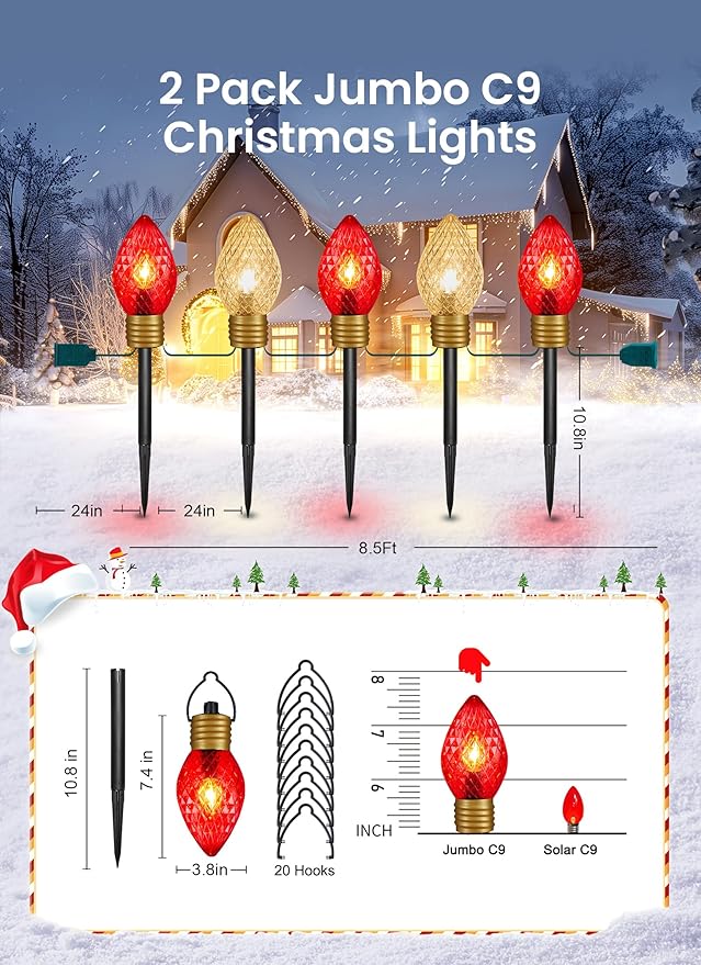 Minetom Jumbo Lights C9 Christmas Pathway Lights Outdoor - 2 Pack 10.5 Feet 5 Lights C9 Walkway Lights, C7 Lights Covered Jumbo Multicolor Light Bulb Decorations for Lawn Outside, Red ＆ Warm White