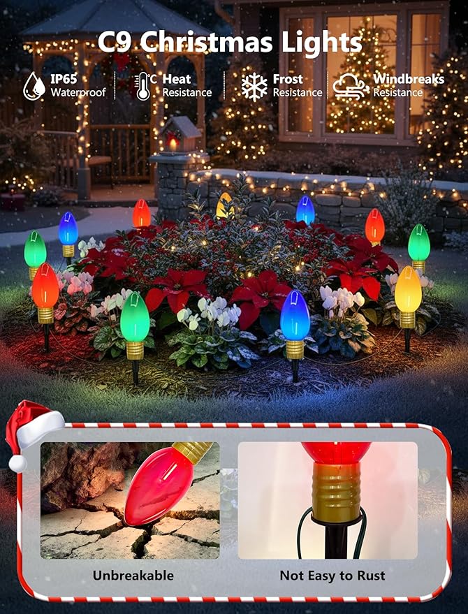 Christmas Lights Jumbo C9 Outdoor Lawn Decorations with Pathway Marker Stakes, 2 Pack 7 Feet String Lights with Multi Color Giant Lighted Bulbs for Holiday Outside Yard Garden Decor, 8 Lights