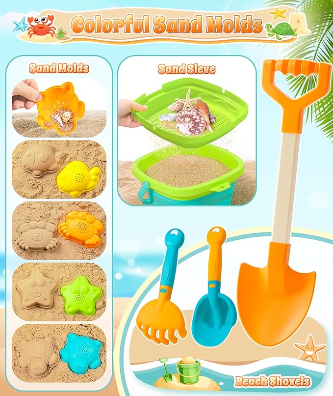 Collapsible Beach Sand Toys for Kids Toddlers, Collapsible Sand Bucket with Sifter Shovels Set with Mesh Bag and Sand Molds, Travel Beach Sandbox Toys for Boys Girls 3 4 5 6 7 8 9 10