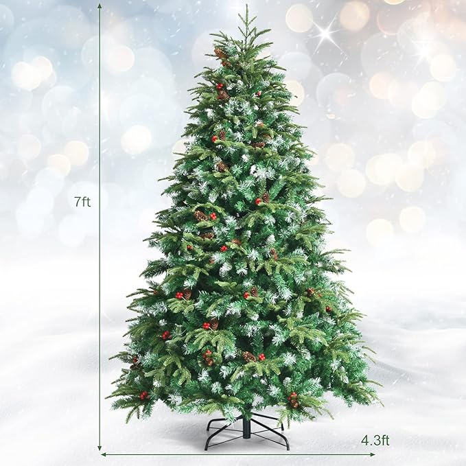 GOFLAME 7ft Pre-Lit Artificial Christmas Tree, Realistic Xmas Tree w/ 1315 Branch Tips, 450 Multi-Color LED Lights, 43 Pinecones & Red Berries, Pine Tree w/ 11 Flash Modes for Holiday Decoration