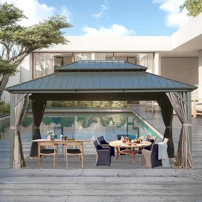 Domi 12' x 16' Hardtop Gazebo Permanent Metal Gazebo with Galvanized Steel Double Roof Canopy, Curtains, and Netting for Patio Lawn and Garden, Grey