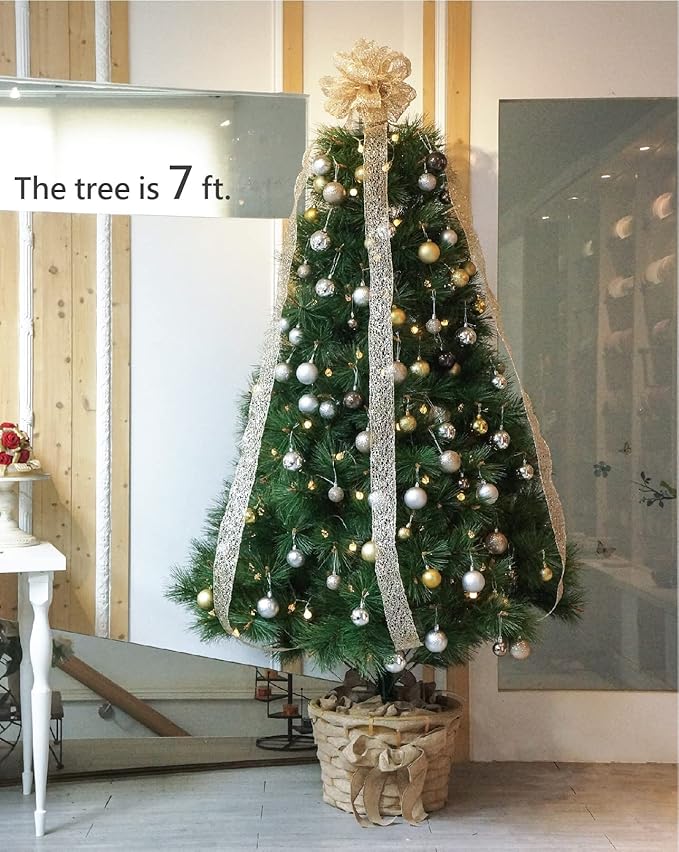 CT CRAFT LLC Champagne Gold Glitter Mesh Christmas Tree Topper Bow 11" with 4 Ribbon Streamers x 3 Yards Long Each for Holidy Elegant Fancy Home Décor Indoor