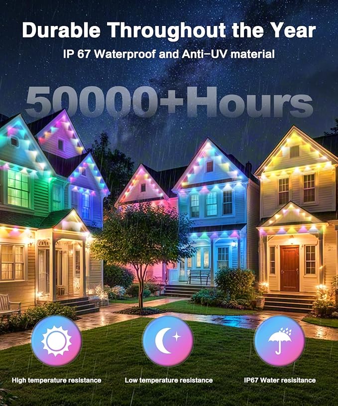 Permanent Outdoor Lights for House,200ft 120 RGB+IC Smart Outdoor Decor, 50 Scene Modes, App/Remote Control, IP67 Waterproof, for Christmas, Holiday, Daily & Pool Party Decor