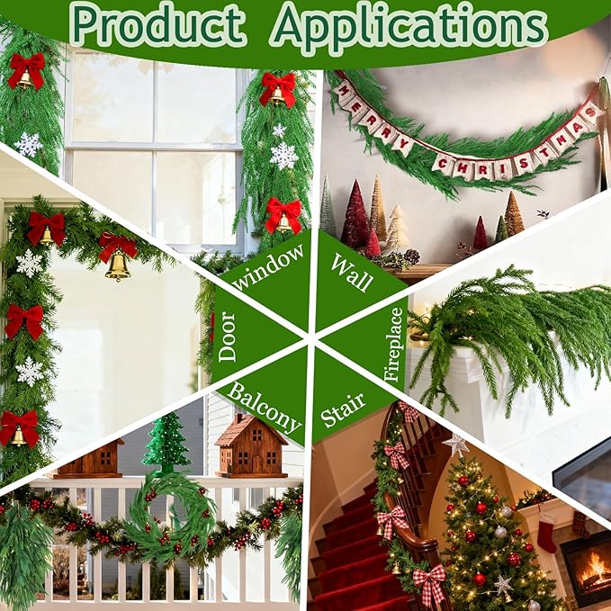 Grever 6 Feet Christmas Artificial Norfolk Pine Garland Real Touch Fake Evergreen Greenery Garland for Indoor Outdoor Fireplace, Mantle, Door, Windows, Table, Stairs, Wall, Wedding and Holiday Decor