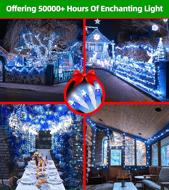 300LED Chrstmas Lights, 75ft Indoor Outdoor Christmas String Lights with 12 Modes, Blue Cool White LED String Lights with Timer Dimmable Waterproof for Tree Fence Wedding Party Decor Blue & White