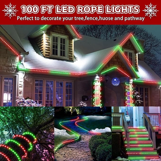 Christmas Rope Lights Outdoor, 100Ft 1200 LED Red and Green String Lights, Waterproof Tube Light Plug in 8 Modes Timer Memory, Permanent Christmas Lights for Tree Fence Yard House Decorations