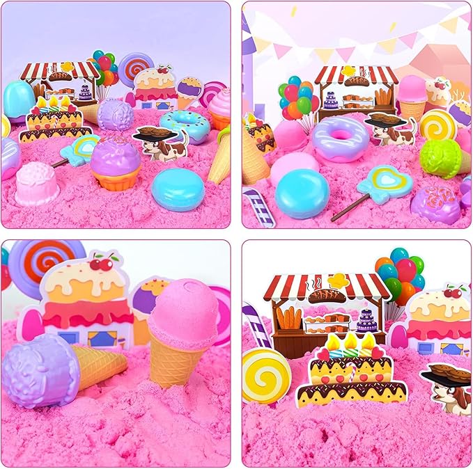 Sensory Bin, Ice Cream Play Sand Set with Magic Sand Toy for Kids, Ice Cream Toys Molds and Cleaning Tools Sandbox with Lid Sand Art Kits for Girls Toddlers Birthday Valentines Gifts