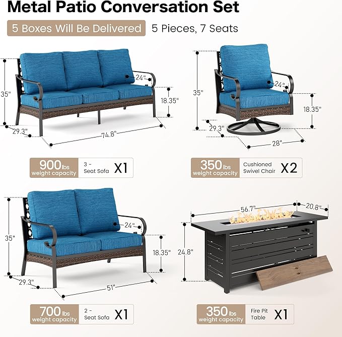 5 Piece Metal Outdoor Patio Furniture Set with Firepit Table, Patio Conversation Sets 1 3-Seater Sofa, 1 2-Seater Loveseat, 2 Swivel Chair with 5.75" Cushion for Backyard Deck, Blue-2