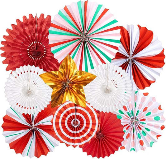 Christmas Paper Fans, Christmas Paper Decorations, Hanging Xmas Decor in Gold, Red, White and Peppermint Candy Theme Honeycomb Decorations