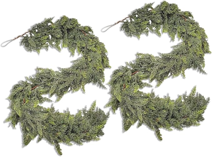 AONEGOLD 2PCS Christmas Garland with Hangers 6FT Green Faux Cedar Pine Norfolk Garland for Fireplace Mantel Door Frame Home Holiday Party Decor, Realistic Artificial Christmas Wreath Decorations