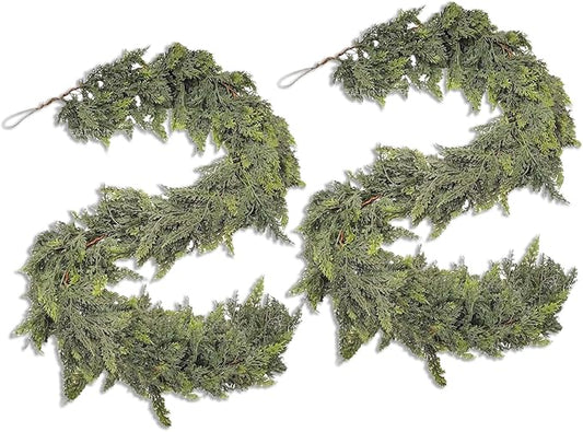 AONEGOLD 2PCS Christmas Garland with Hangers 6FT Green Faux Cedar Pine Norfolk Garland for Fireplace Mantel Door Frame Home Holiday Party Decor, Realistic Artificial Christmas Wreath Decorations