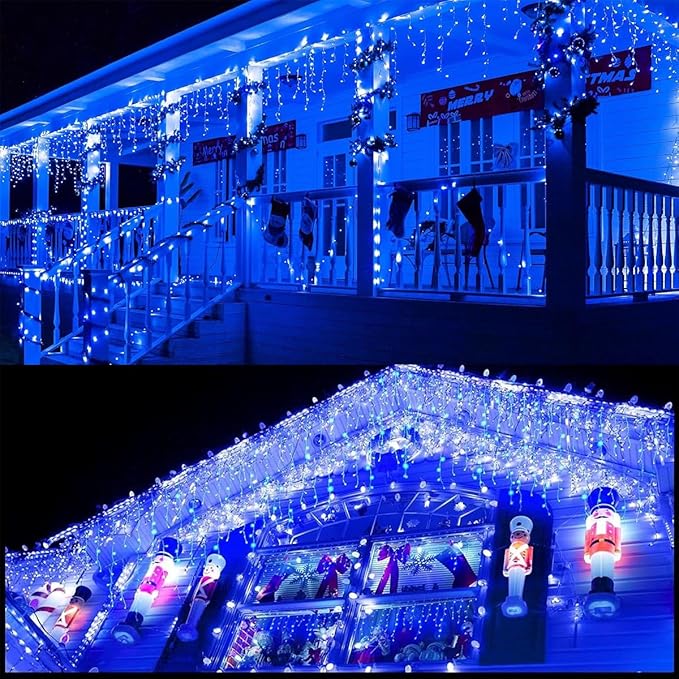 320LED Solar Christmas Lights Outdoor Waterproof Christmas Decorations Curtain Lights 29.5ft 60 Drops,8 Modes Solar Powered Rechargeable Fairy Lights for Party, Holiday,Wedding Decorations (Blue)
