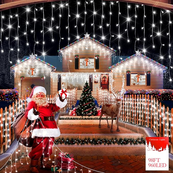 98FT 960 LED Christmas Lights, Waterproof 8 Modes Ice Lights for Outside with Memory and Timer Hanging Fairy Lights Plug-in Curtain String Lights for Holiday Party Wedding Home (Cool White)