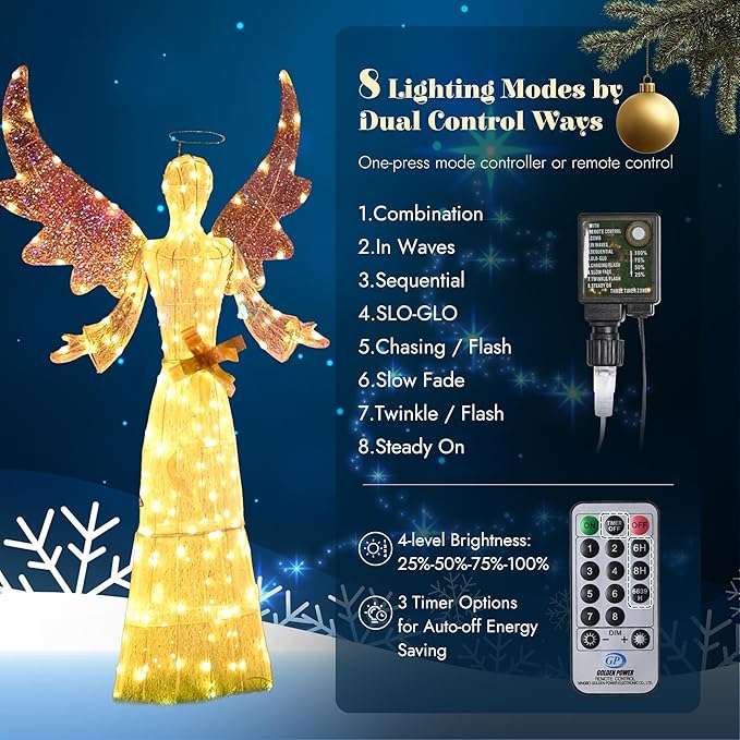 Yescom 2pcs 5.6ft 3D Pre-lit Lighted Outdoor Angel 120V Christmas Decor LED Artificial Holiday Display Sign for Patio Lawn Deck Yard Garden Event with Ground Stakes Warm White, 2025Large Crystal Mary