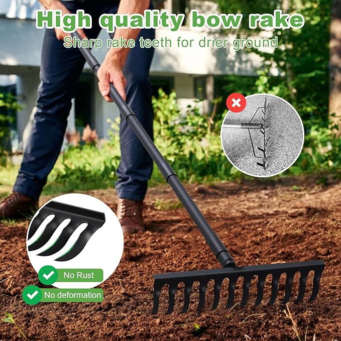 Pragmatist Bow Rake Heavy Duty 60 Metal Head Garden Rake with Adjustable Stainless Steel Handle Garden Tool for Loosening Soil Leveling Mulch Gathering Leaf
