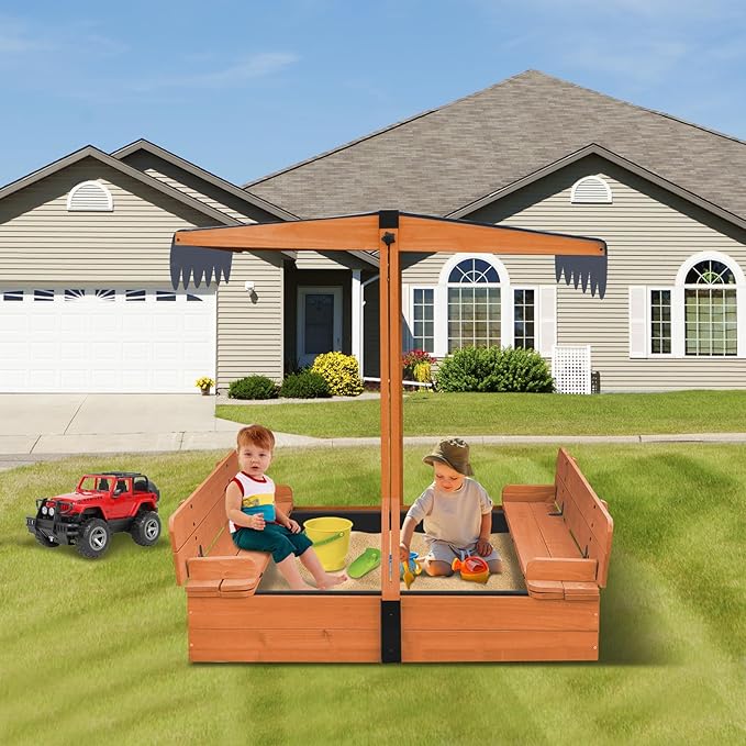 Wooden Kids Sandbox with Lid Sand Box with Canopy Outdoor Sandpit with Cover Adjustable Roof Bottom Liner