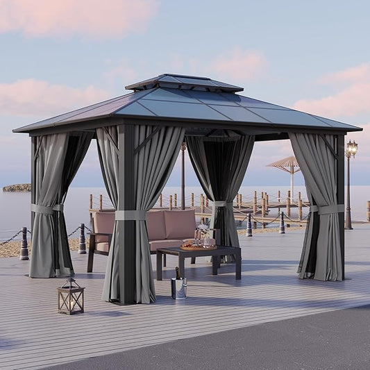 Aoxun 10'x12' Hardtop Gazebo, Aluminum Framed Outdoor Gazebo with Double Polycarbonate Roof, Durable Pavilion with Curtains & Netting for Patio, Garden, and Lawn