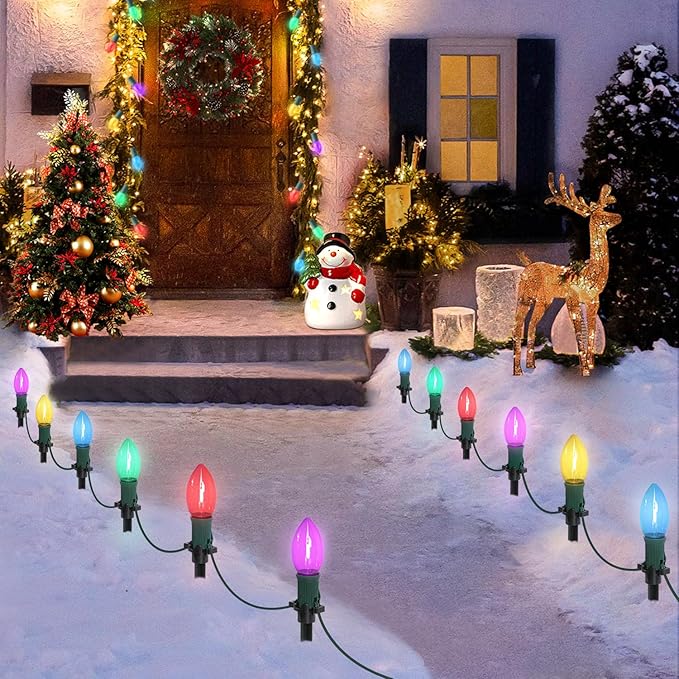 30Ft C9 Led Christmas Pathway Lights Outdoor, 20 Multicolor Bulbs Waterproof Connectable Christmas Walkway Lights with Stakes for Yard Lawn Sidewalk Driveway Decorations