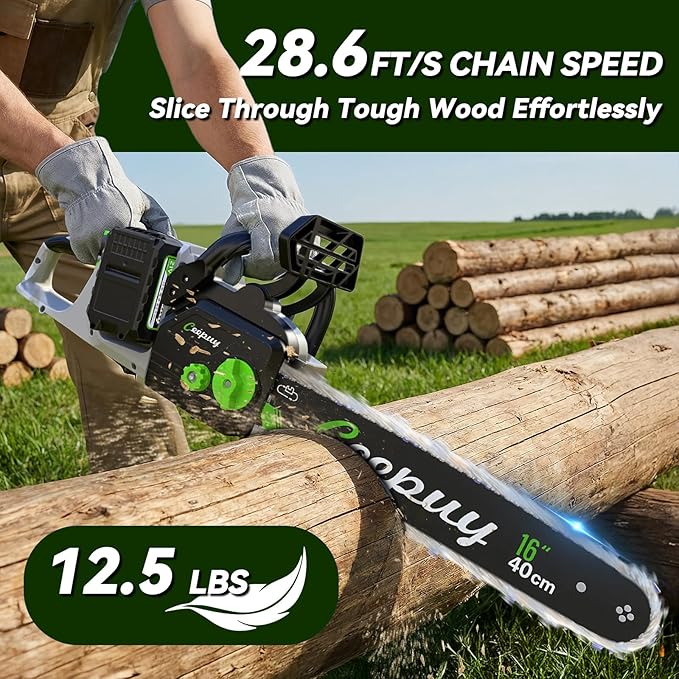 16-inch Electric Chainsaw Cordless, Handheld Chain Saws with 2 x 4.0Ah Battery, Tree Saw with Tool-free Chain Tension, Auto Oiling for Wood Cutting Trimming Branch