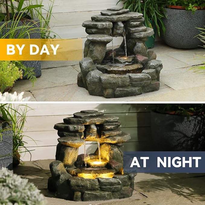 15.6''H Small Rock Water Fountain Outdoor&Indoor, 3-Tier Garden Waterfall with Warm Lights and 2 Flows for Patio, Backyard, Deck, Porch, Home DéCor, Stone Gray