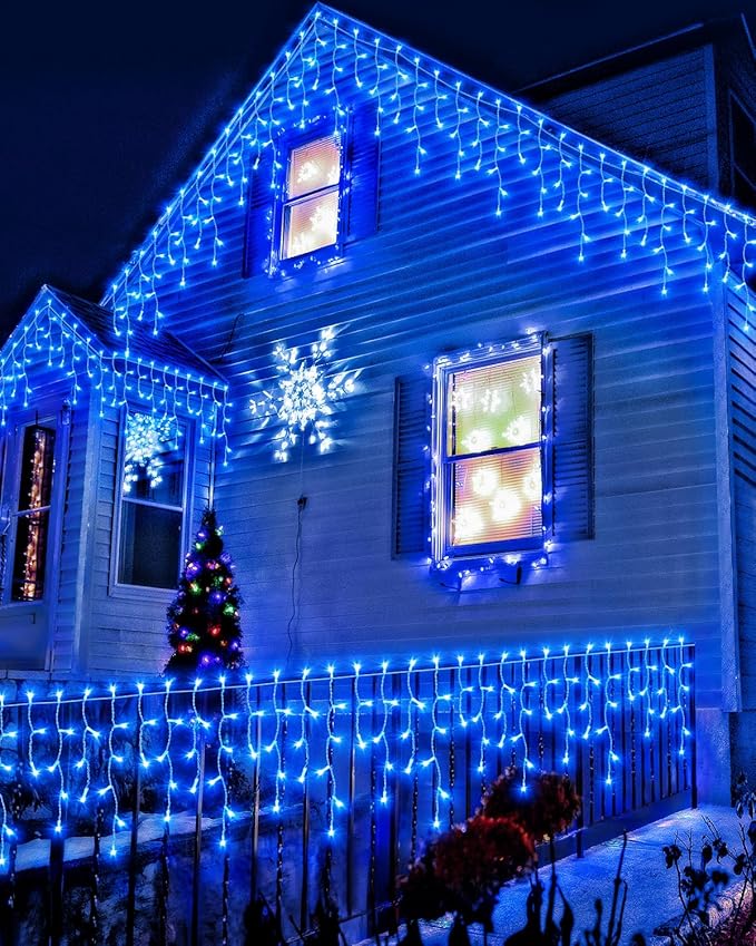 Christmas Lights Outdoor, 53 FT 486 LED Christmas Lights for Outside, Timer & Memory, Plug in 8 Modes Hanging Fairy Lights with 108 Drops for House Eaves Yard Patio Holidays Decorations, Blue