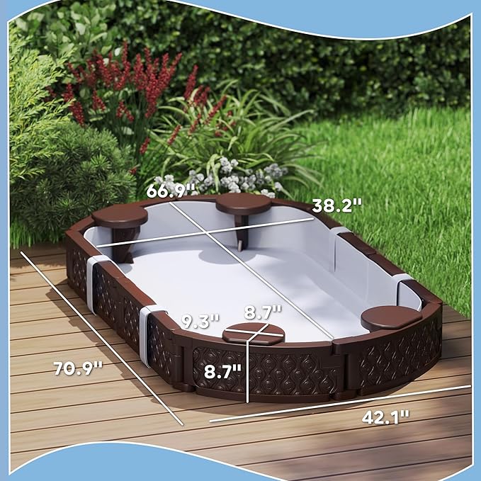 Qaba Kids Sandbox with Cover, Oval 71 HDPE Large Sand Pit with 4 Seats, Waterproof Bottom Liner, Weather Resistant Outdoor Sand Box for Backyard, Lawn, Garden, Beach, Patio, Brown