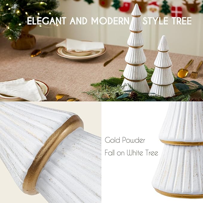 WONDROUS' DECO Christmas Tree Figurine Decor Tabletop White and Gold, Set of 2 Wooden Artificial Xmas Tree Decorations, Vintage Christmas Trees for Tables Centerpiece Home Farmhouse Mantel
