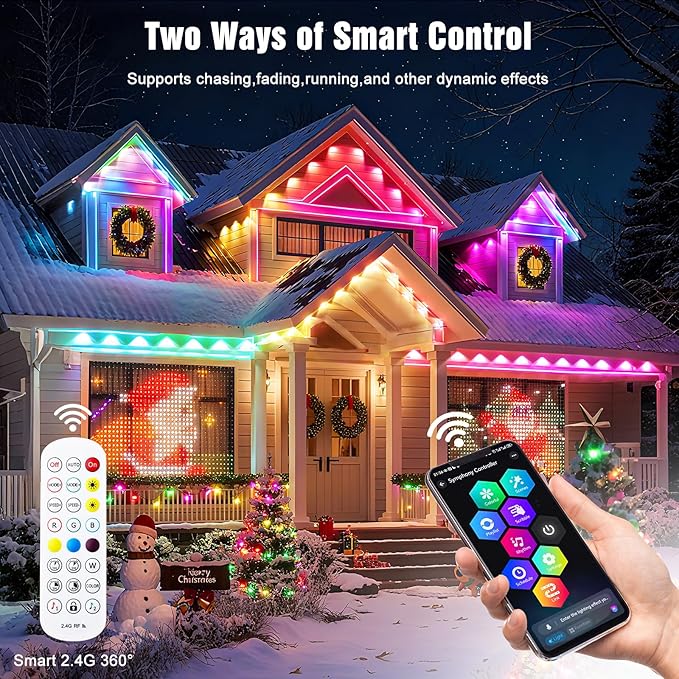 JOH Permanent Outdoor Lights, 200FT RGB+IC Smart LED Outdoor Lights with App/Remote Control, DIY Scene Modes Lighting & IP67 Waterproof, Eaves Light for Christmas, Holiday, Daily Decorations