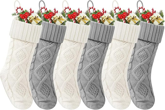 Christmas Stockings 18 Inches,Long Knitted Socks Christmas Decoration Hanging Stocking Fireplace Xmas Tree Stocking for Home Family（6P-3white+3gray）