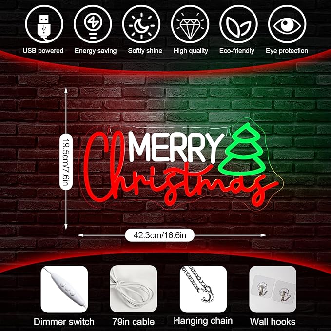 Horseneon Christmas Neon Led Sign, Merry Christmas Neon Signs for Wall Decor, Christmas Tree Neon Light Sign with USB Powered for Christmas Party, Windows, Home Decor, Bedroom, Living room, Bar