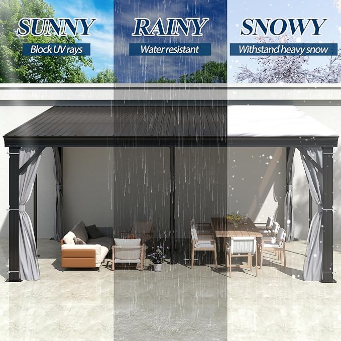 COVERONICS 12' X 16' Outdoor Lean to Gazebo - Wall-Mounted Aluminum Frame Gazebo with Slope Metal Roof, Patio Heavy-Duty Lean to Pergola with Netting & Curtains for Garden, Backyard, Deck