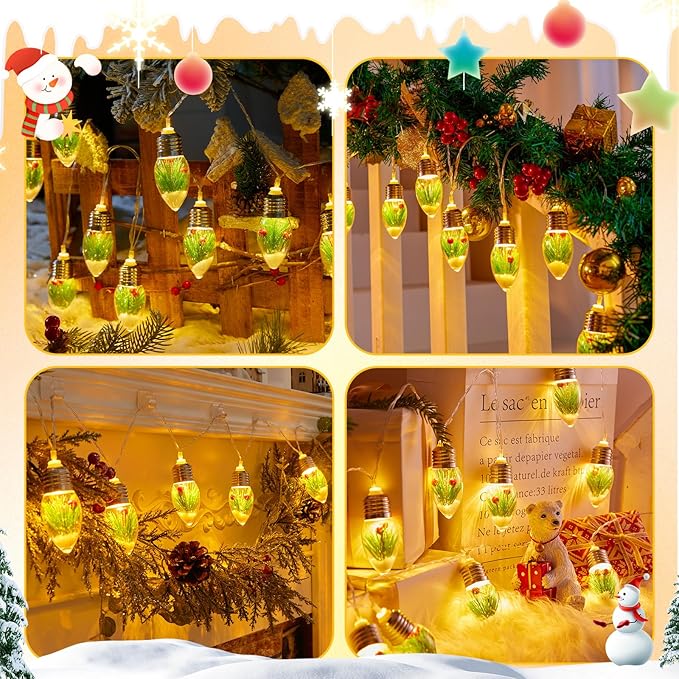Brightown Christmas Lights Indoor, 7.5Ft Christmas Snow Globe Lights with Berry & Pine Needles,Battery Powered String Lights for Tree Garland Party Xmas Decor