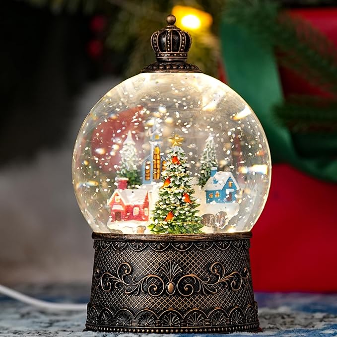Snow Globe with Christmas Tree & Village, Light Up Christmas Snow Globes with Music Timer - USB Plug or Battery Operated Glitter Globe Indoor Christmas Decorations