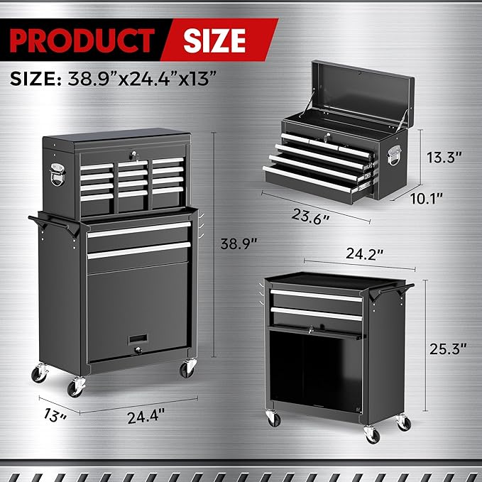 Bonusall 8-Drawer Rolling Tool Chest and Cabinet Combo,Heavy-Duty Metal Garage Tool Chest with Wheels,2-in-1 Top Chest and Roller Cabinet Combo for Garage, Workshop, Warehouse, Black