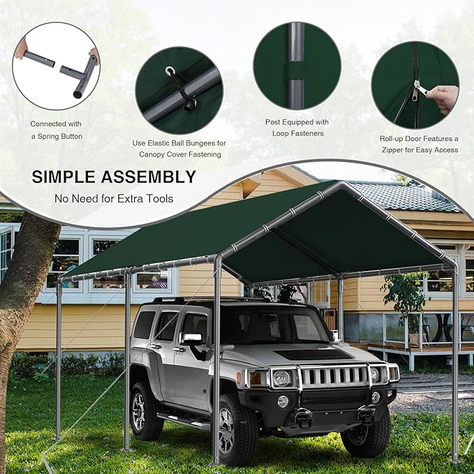 Outdoor Carport 10x20ft Heavy Duty Car Tent, Portable Garage Canopy Storage Shed, Car Shelter, All-Season Tarp Tent for Party (GN)