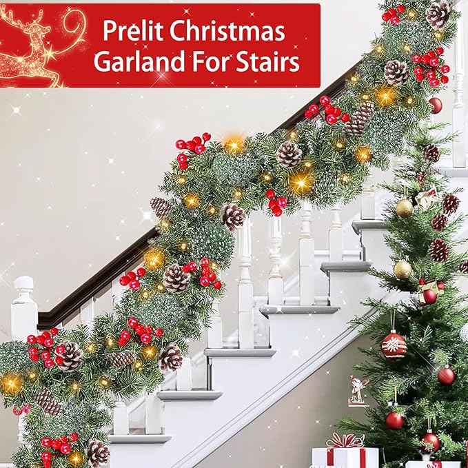 Timer 8 Mode - 9Ft by 10 Inch Prelit Christmas Garland with 50 Warm Lights,Thick 270 Snowy Tips 70 Red Berry 10 Pinecone Battery Operated Real Touch Cedar Xmas Garland Door Mantle Indoor Outdoor