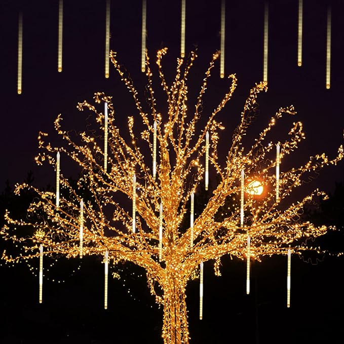 LJLNION Meteor Shower Lights, 12 Inch Outdoor Icicles Christmas Lights, 8 Tubes 288 LED Iciclelight Snow Falling Light, Connectable Raindrop Light, Xmas Wedding Party Tree Holiday Decor, Warm White