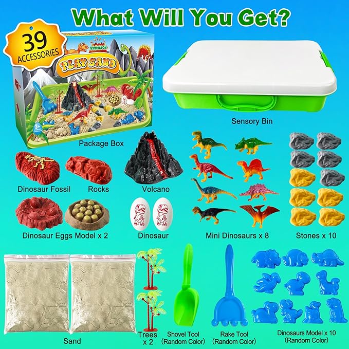 Sensory Bin, Dinosaurs Kit with Sensory Sand, Play Sand Pretend Play Beach Toy, Sandbox for Girls and Boys