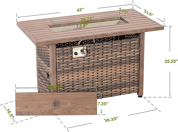 Nuu Garden 43¡± Propane Fire Pit, CSA-Listed Rattan Outdoor Fire Pit Table, 50,000 BTU Smokeless Gas Fire Table with Lid and Glass Beads, 2-in-1 Rectangular Fire Table for Outside Backyard Patio, Brown